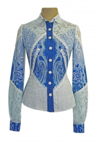 индивидуальный пошив Синяя блузка-рубашка с белым кружевом
